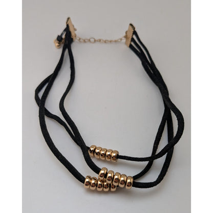 Gothic Glam Black Faux Suede Gold Tone Beaded Triple Strand Choker Necklace