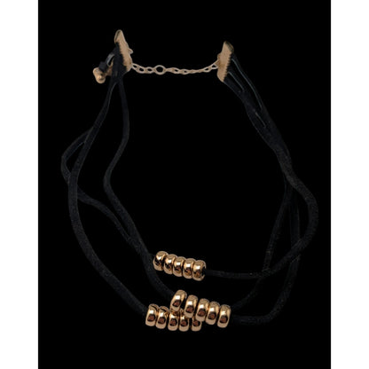 Gothic Glam Black Faux Suede Gold Tone Beaded Triple Strand Choker Necklace