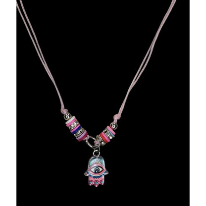 Pink Hamsa Evil Eye Necklace Adjustable Cord Pastel Boho Protection Charm