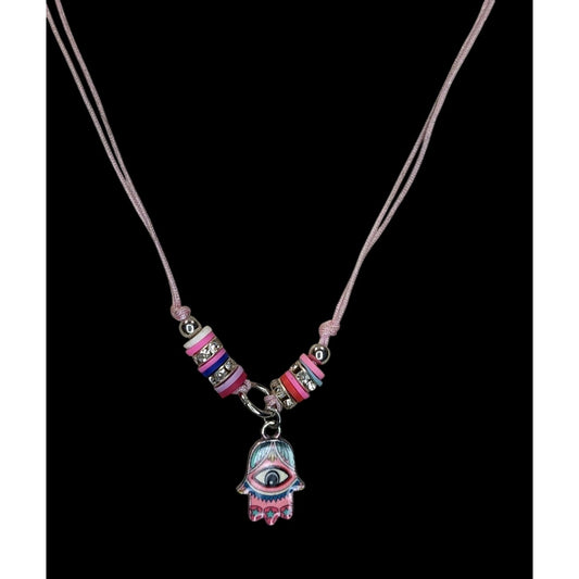 Pink Hamsa Evil Eye Necklace Adjustable Cord Pastel Boho Protection Charm