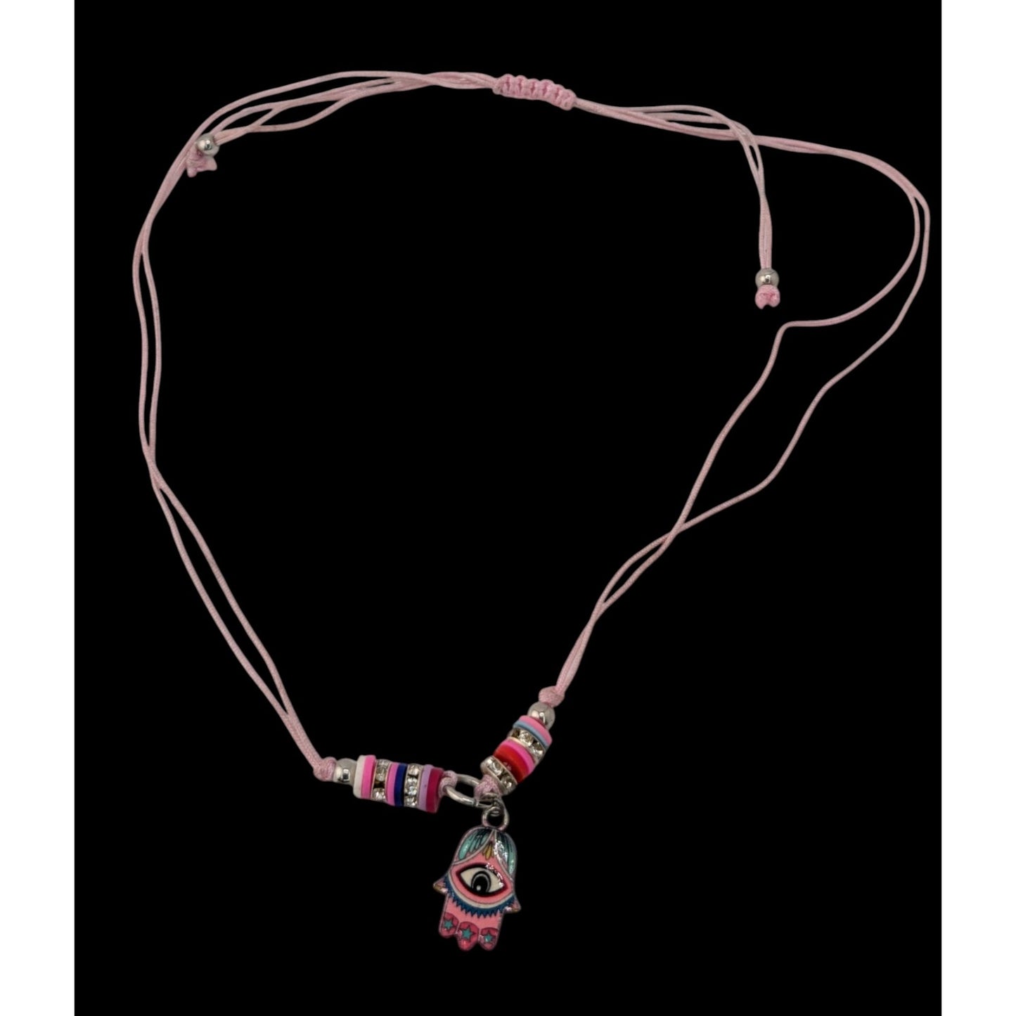 Pink Hamsa Evil Eye Necklace Adjustable Cord Pastel Boho Protection Charm