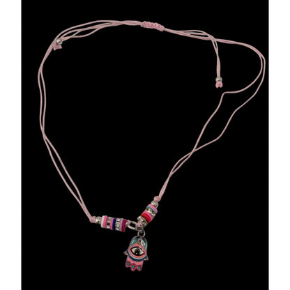 Pink Hamsa Evil Eye Necklace Adjustable Cord Pastel Boho Protection Charm