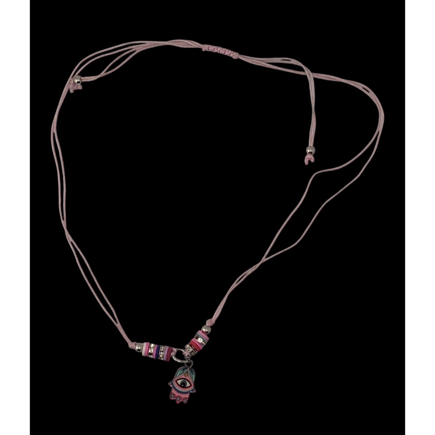 Pink Hamsa Evil Eye Necklace Adjustable Cord Pastel Boho Protection Charm