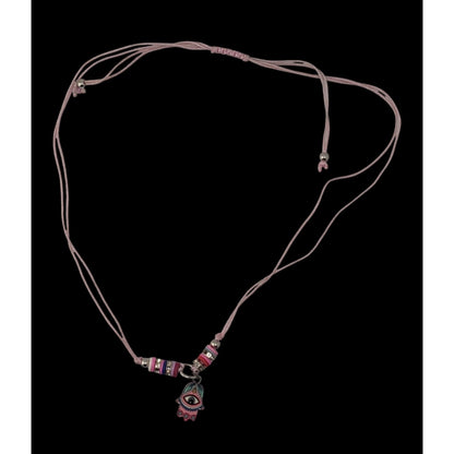 Pink Hamsa Evil Eye Necklace Adjustable Cord Pastel Boho Protection Charm