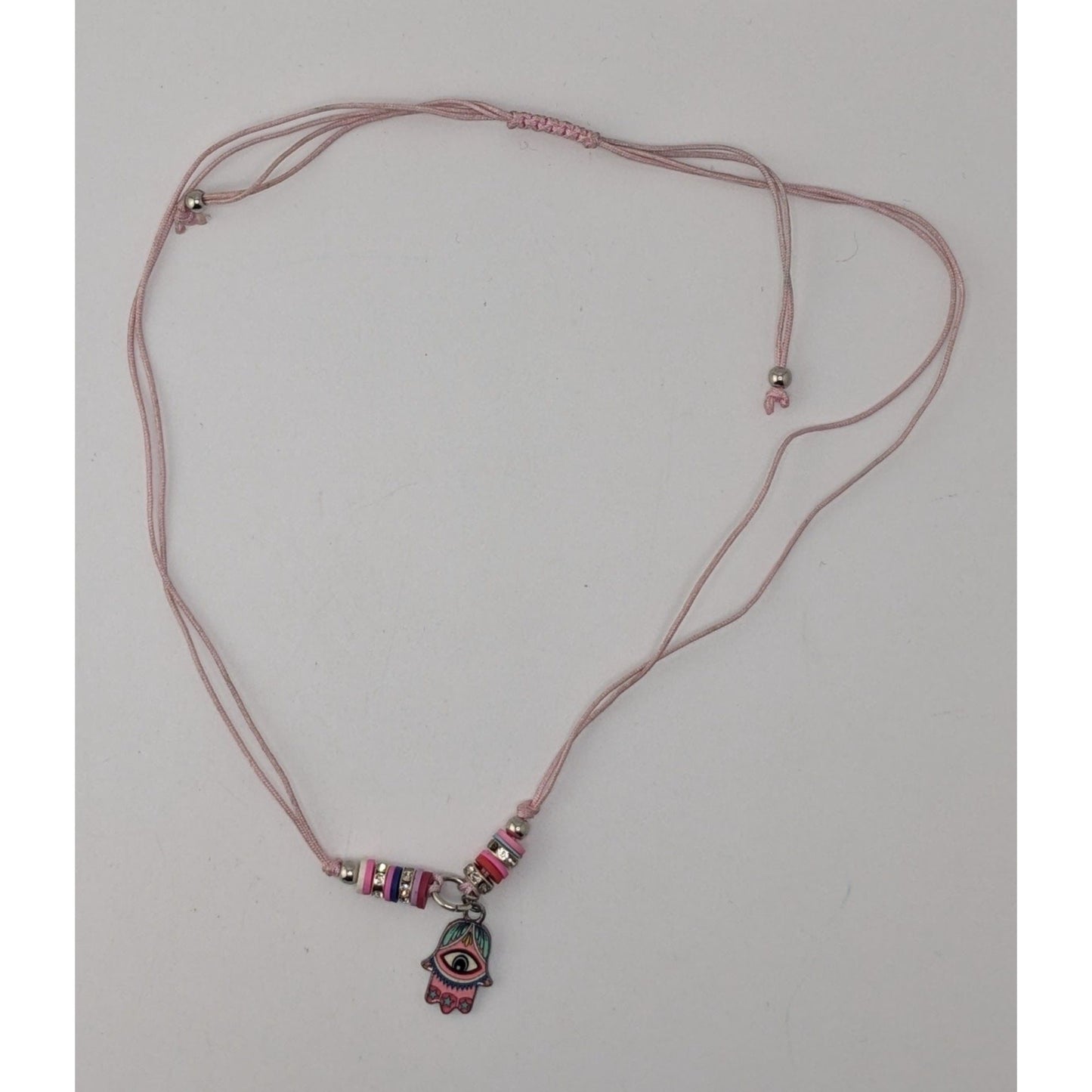 Pink Hamsa Evil Eye Necklace Adjustable Cord Pastel Boho Protection Charm