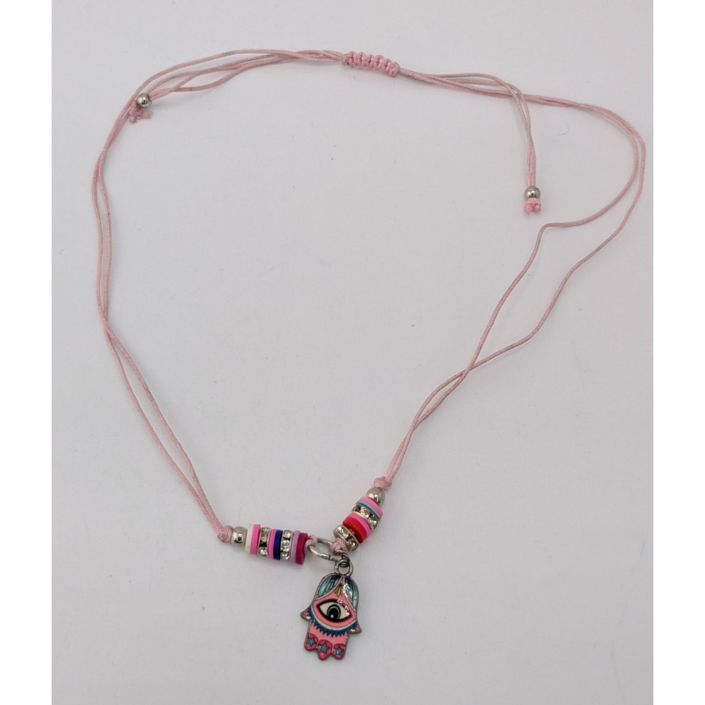 Pink Hamsa Evil Eye Necklace Adjustable Cord Pastel Boho Protection Charm