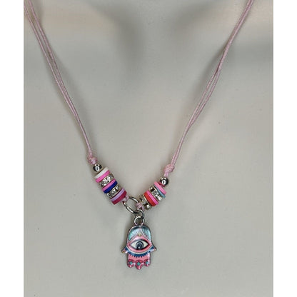 Pink Hamsa Evil Eye Necklace Adjustable Cord Pastel Boho Protection Charm