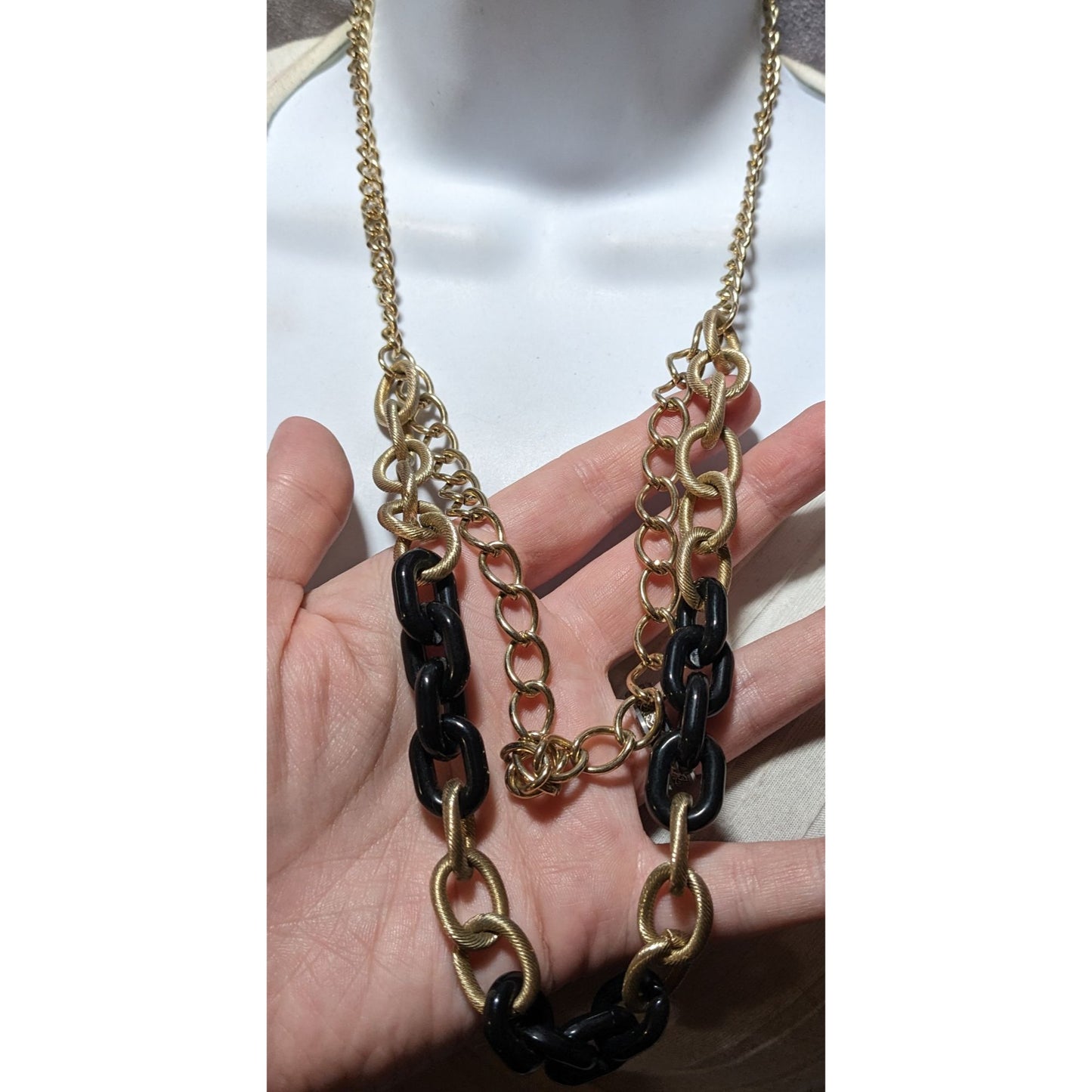 80s Glam Black and Gold Chunky Multilayer Chain Necklace