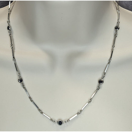 Modern Silver Tone Link Necklace With Black Glass Beaded Accents