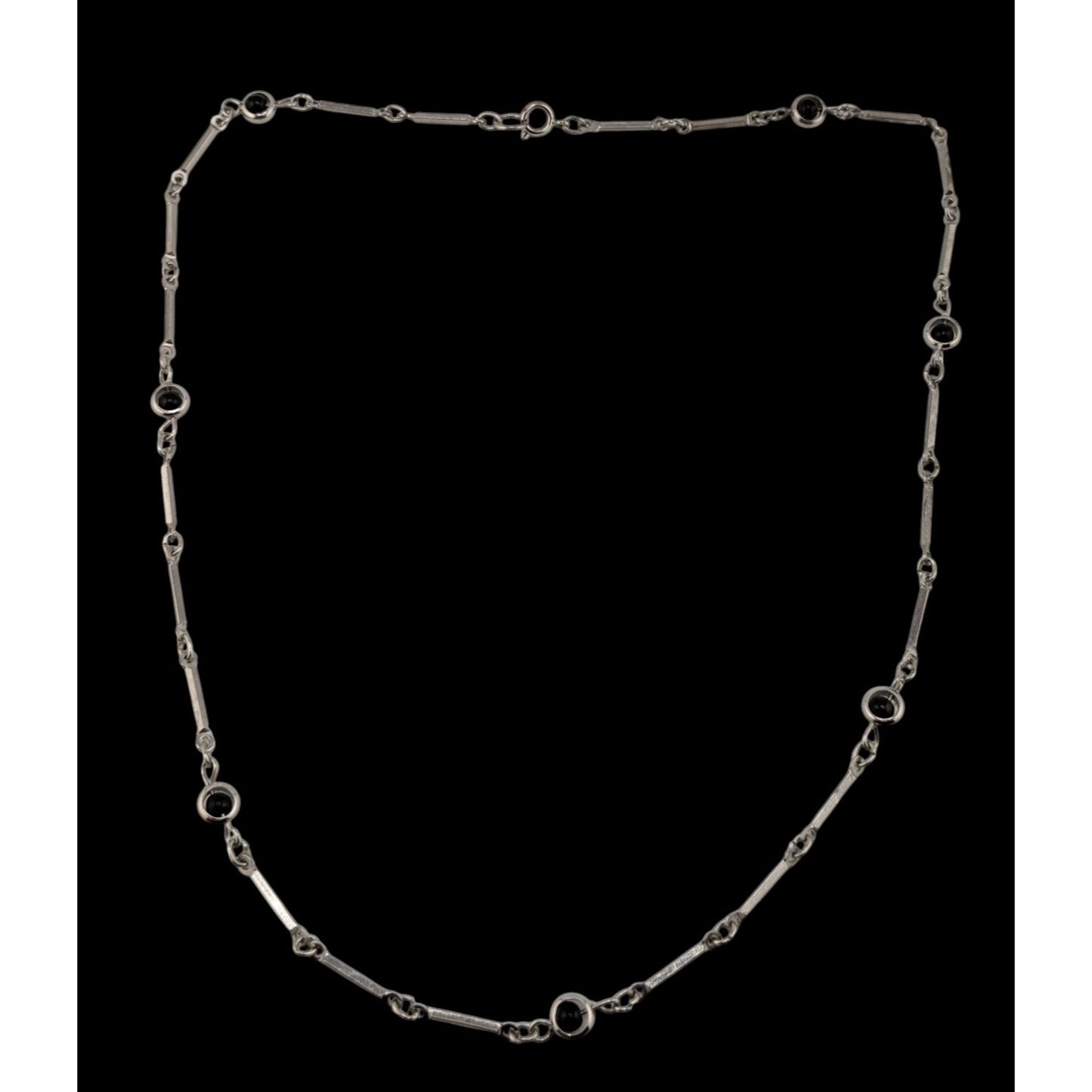 Modern Silver Tone Link Necklace With Black Glass Beaded Accents