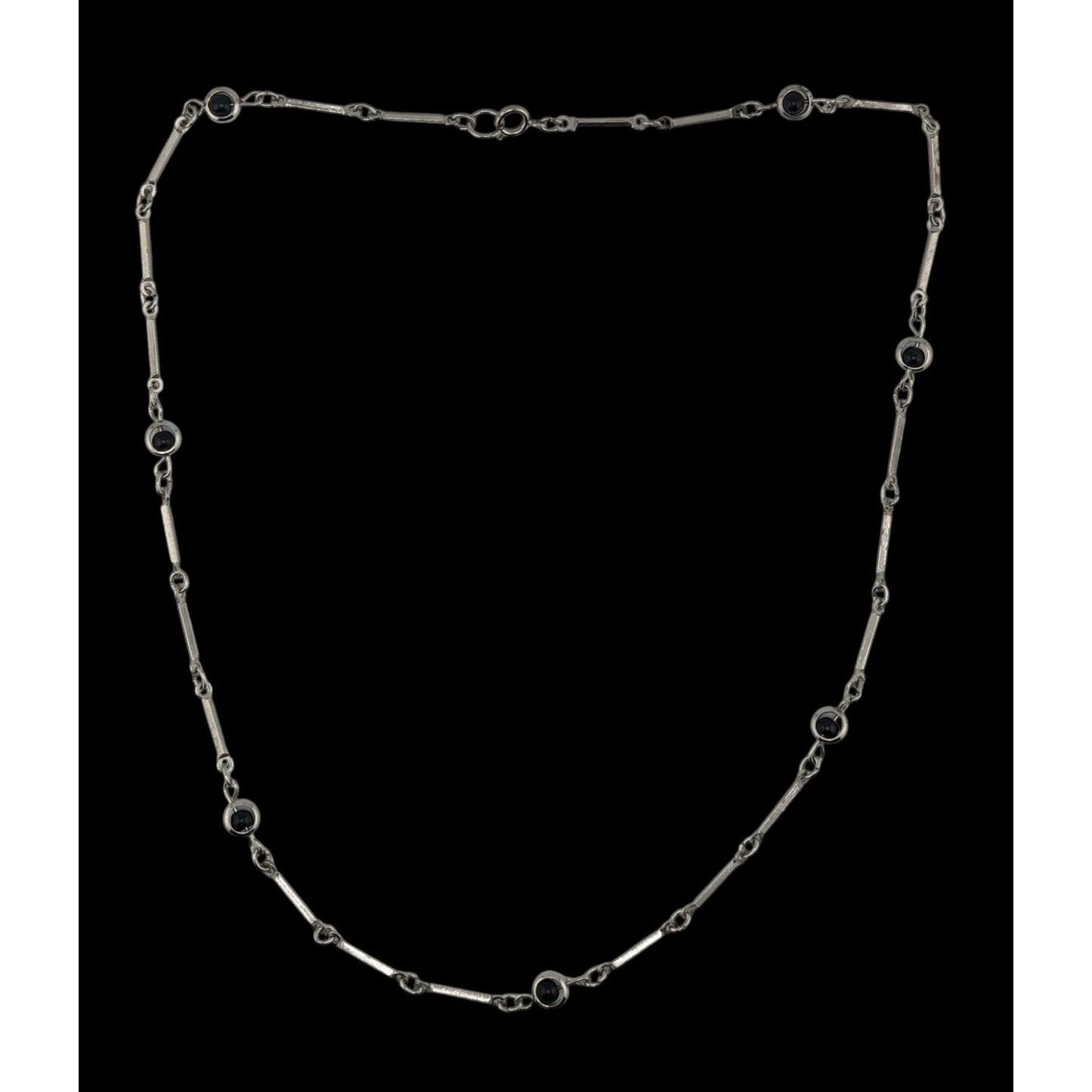 Modern Silver Tone Link Necklace With Black Glass Beaded Accents