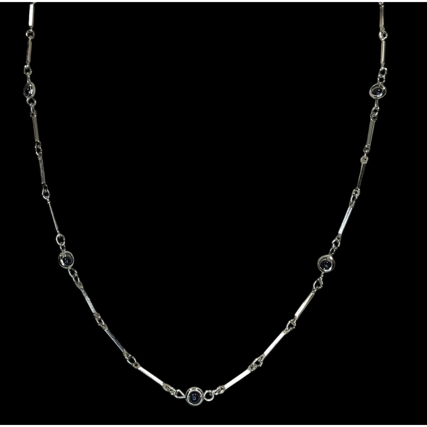 Modern Silver Tone Link Necklace With Black Glass Beaded Accents