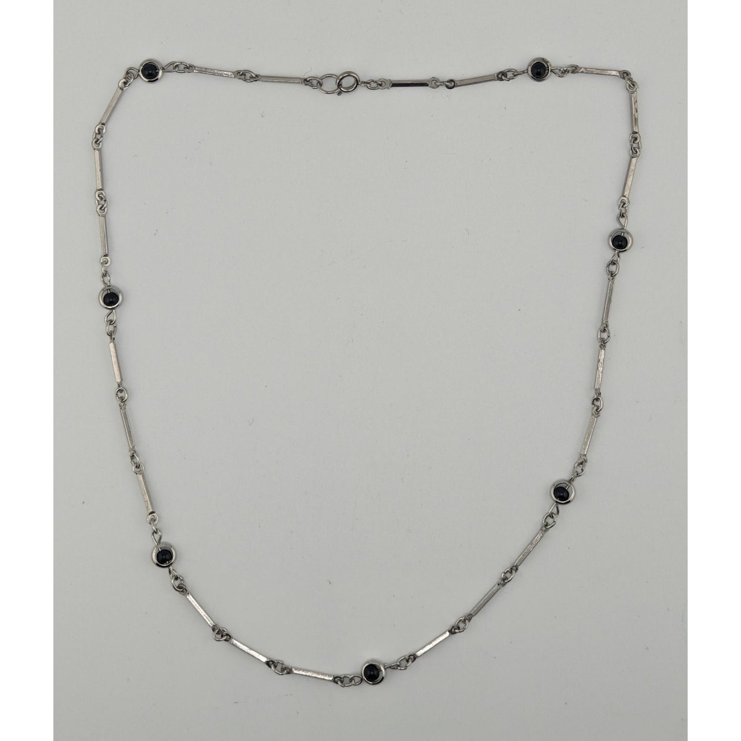 Modern Silver Tone Link Necklace With Black Glass Beaded Accents