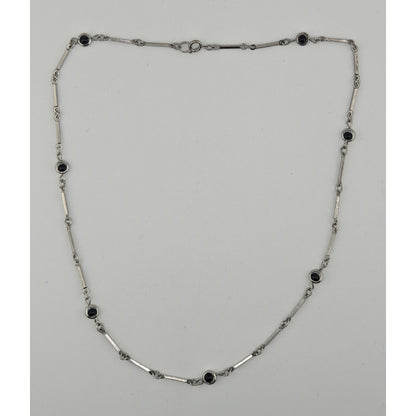 Modern Silver Tone Link Necklace With Black Glass Beaded Accents