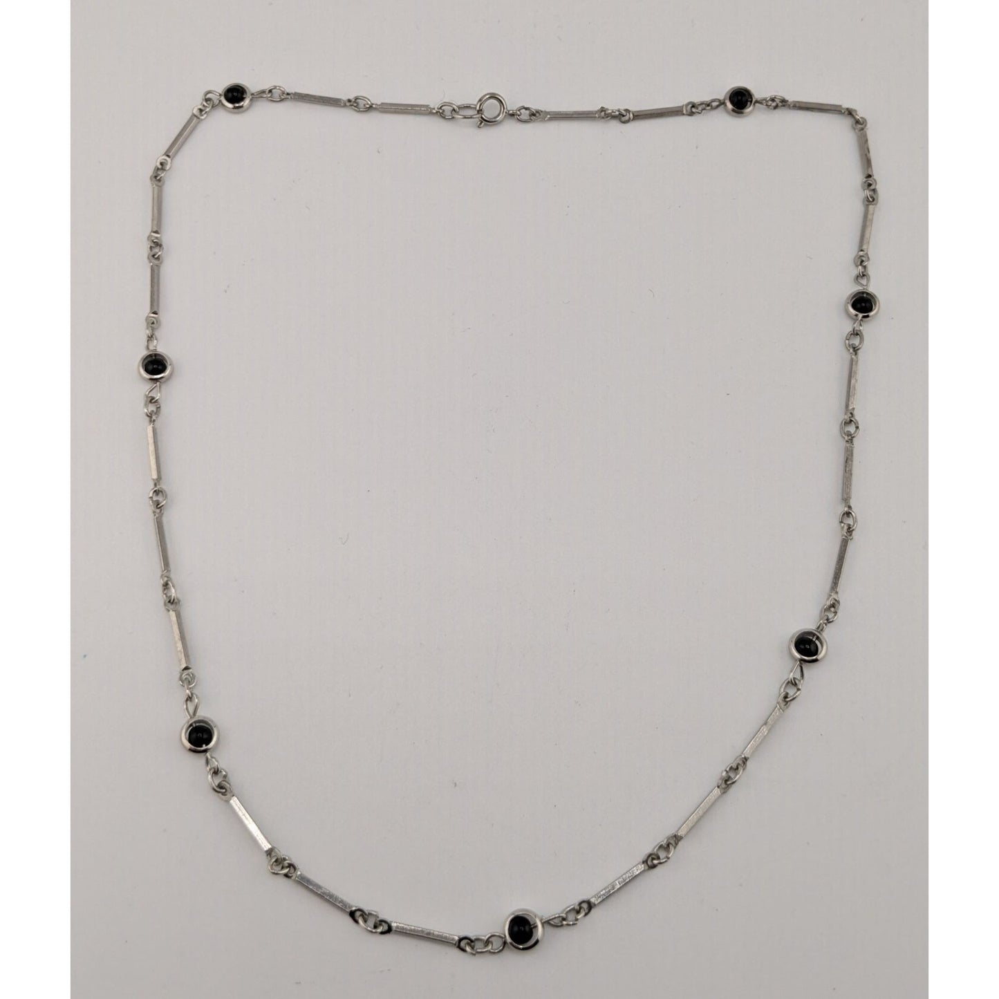 Modern Silver Tone Link Necklace With Black Glass Beaded Accents