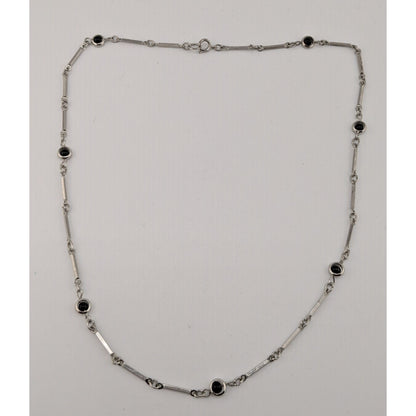 Modern Silver Tone Link Necklace With Black Glass Beaded Accents