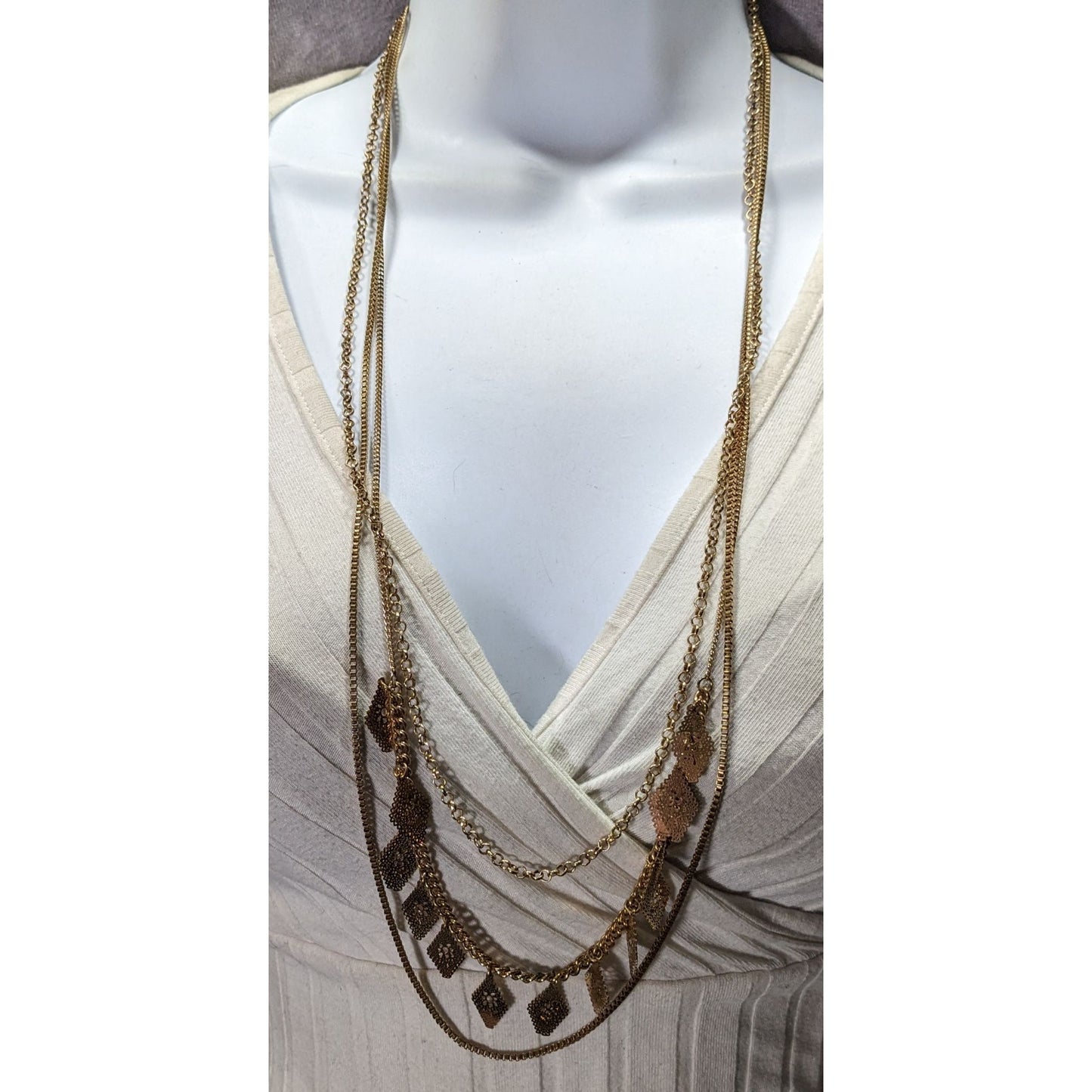 Bohemian Layered Gold-Tone Necklace With Intricate Filigree Charms & Adjustable Clasp