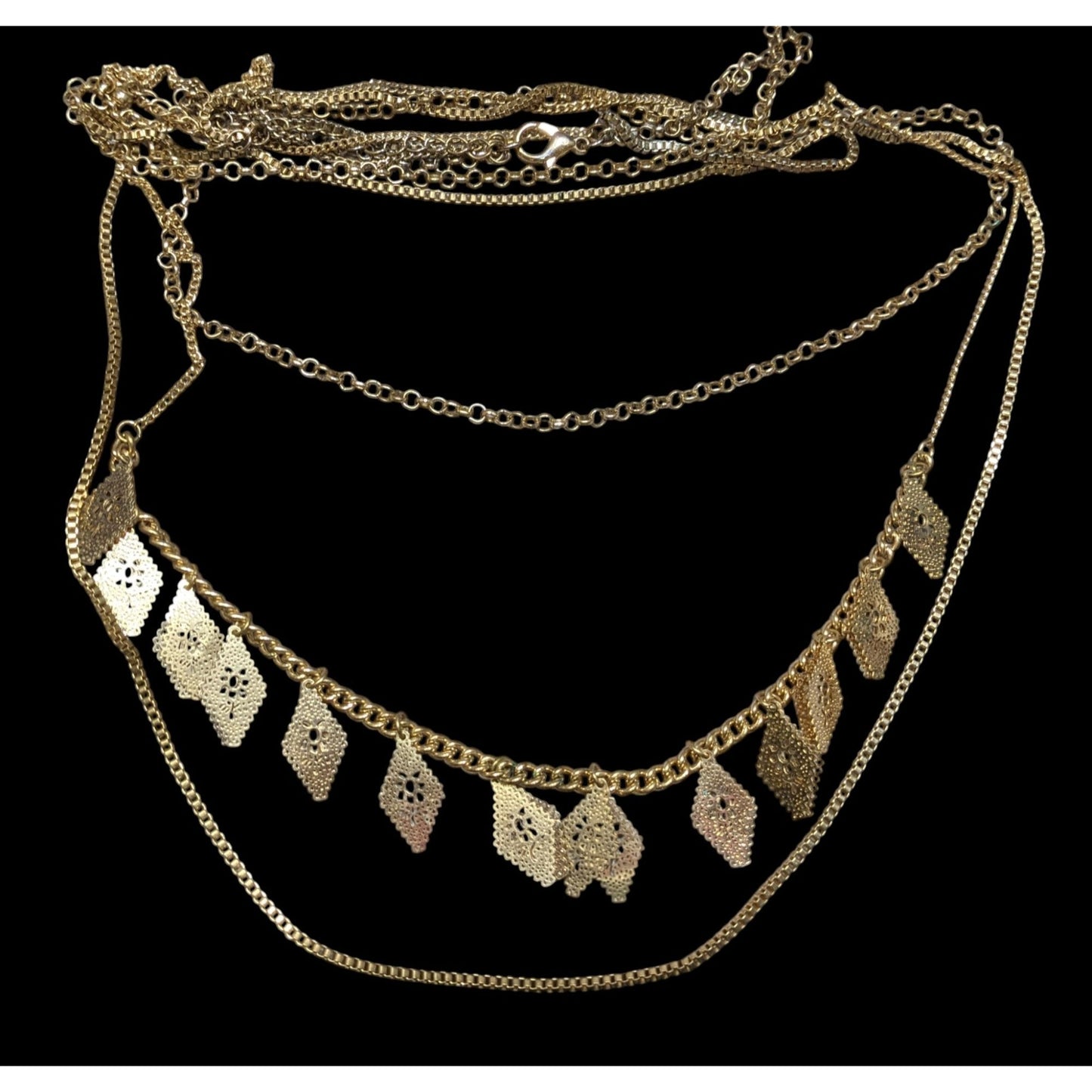 Bohemian Layered Gold-Tone Necklace With Intricate Filigree Charms & Adjustable Clasp