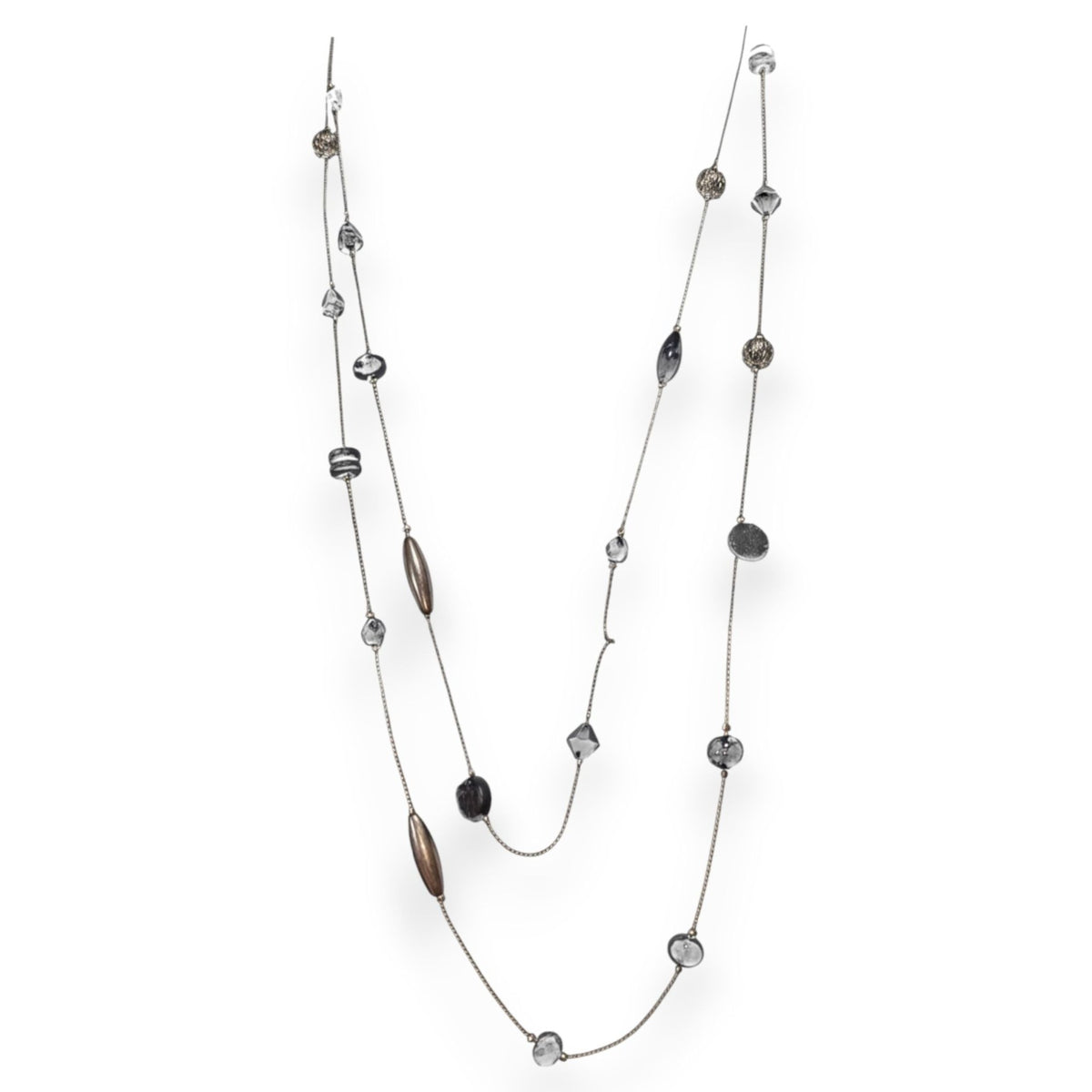 Gothic Modernist Black Silver Tone Mixed Bead Station Necklace 54 Inch