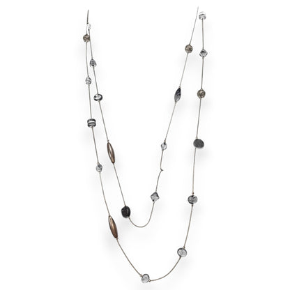 Gothic Modernist Black Silver Tone Mixed Bead Station Necklace 54 Inch