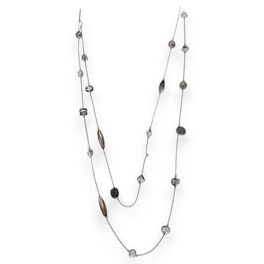 Gothic Modernist Black Silver Tone Mixed Bead Station Necklace 54 Inch
