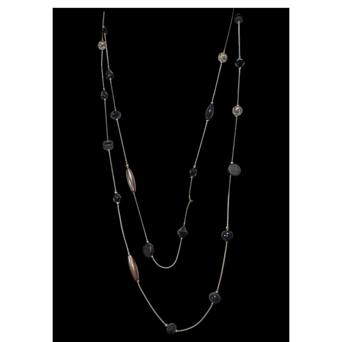 Gothic Modernist Black Silver Tone Mixed Bead Station Necklace 54 Inch
