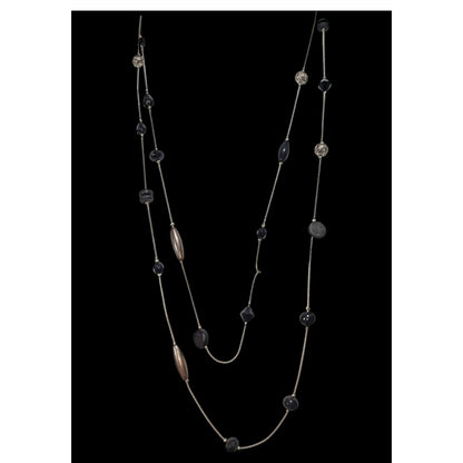 Gothic Modernist Black Silver Tone Mixed Bead Station Necklace 54 Inch