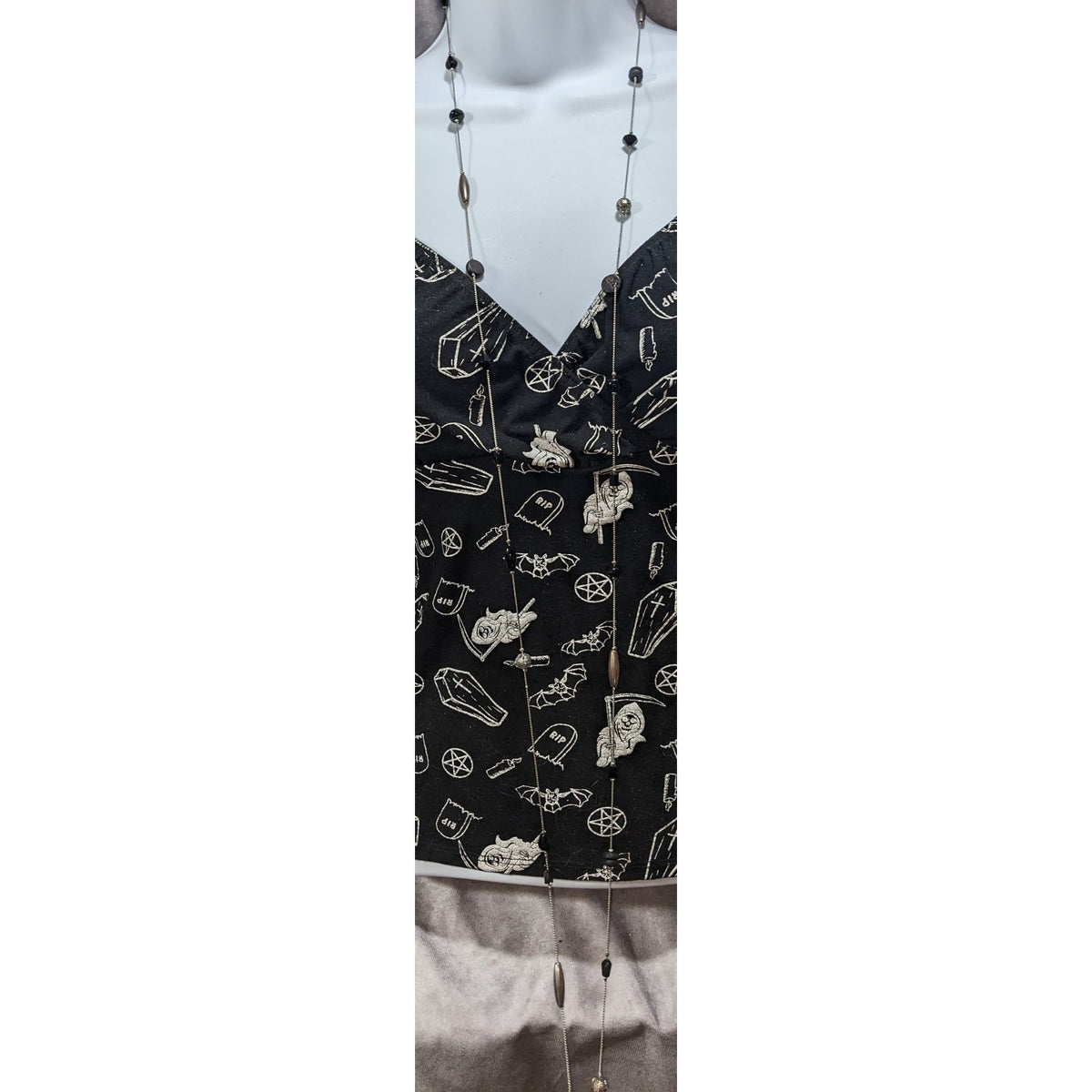 Gothic Modernist Black Silver Tone Mixed Bead Station Necklace 54 Inch