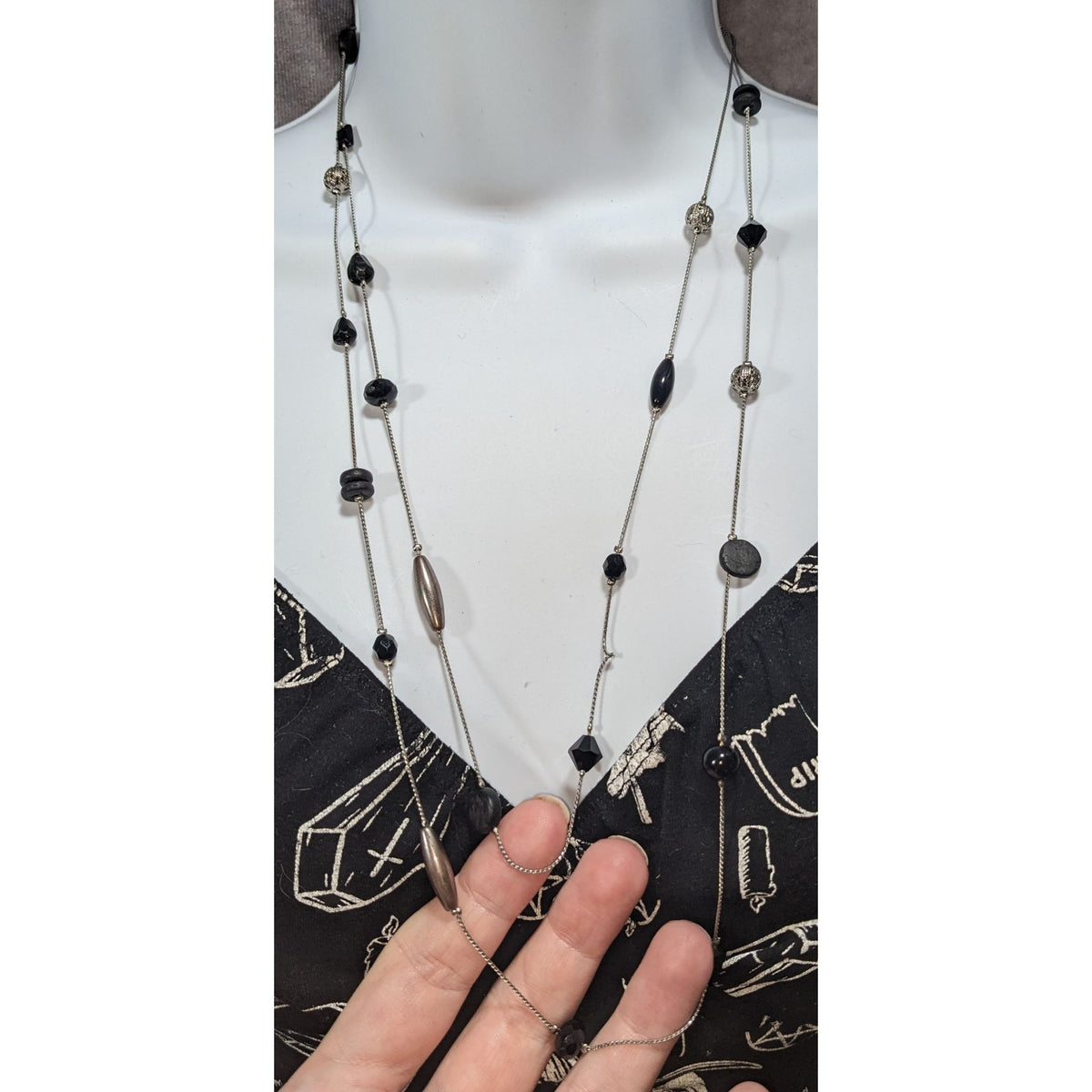 Gothic Modernist Black Silver Tone Mixed Bead Station Necklace 54 Inch