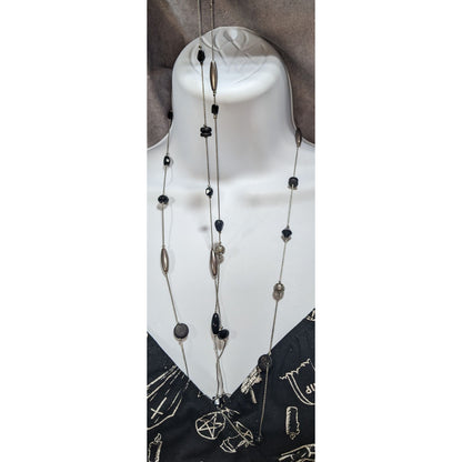 Gothic Modernist Black Silver Tone Mixed Bead Station Necklace 54 Inch