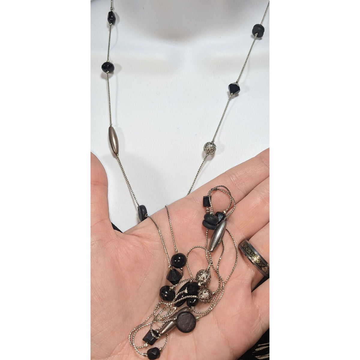 Gothic Modernist Black Silver Tone Mixed Bead Station Necklace 54 Inch