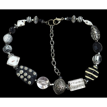 Handmade Chunky Abstract Black And White Glass Beaded Necklace