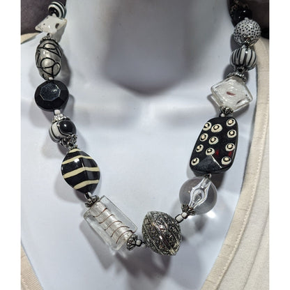 Handmade Chunky Abstract Black And White Glass Beaded Necklace