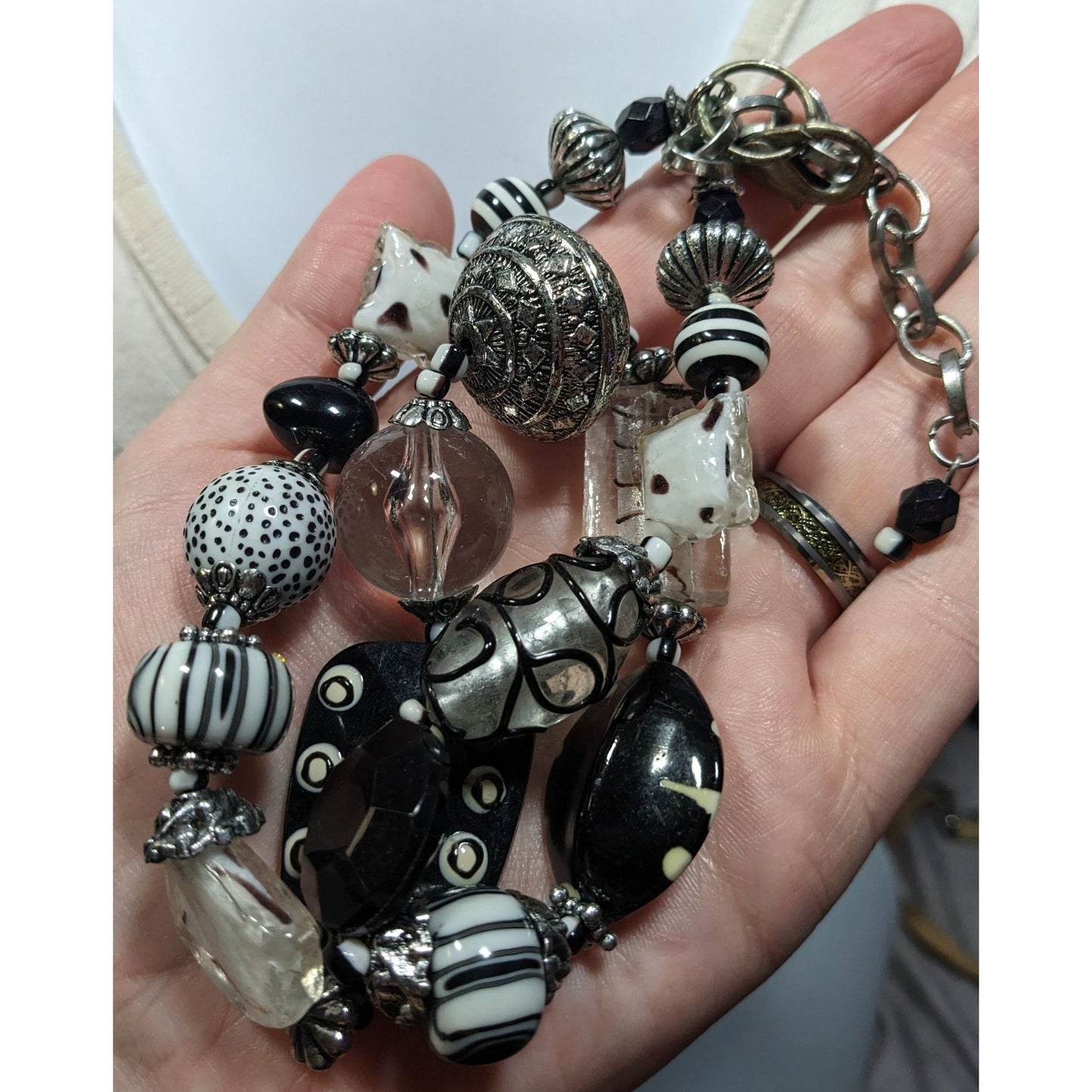 Handmade Chunky Abstract Black And White Glass Beaded Necklace