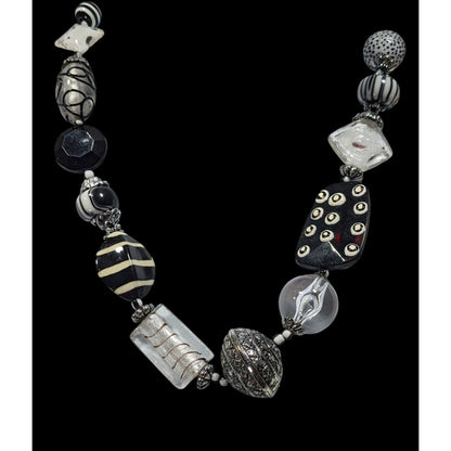Handmade Chunky Abstract Black And White Glass Beaded Necklace