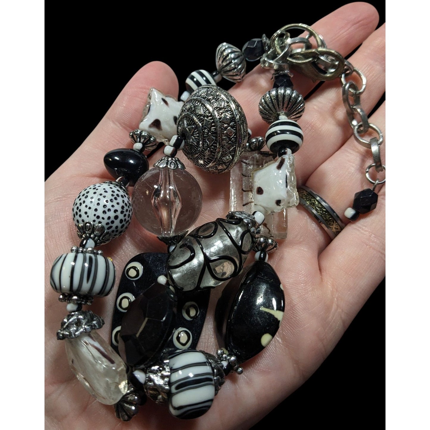 Handmade Chunky Abstract Black And White Glass Beaded Necklace