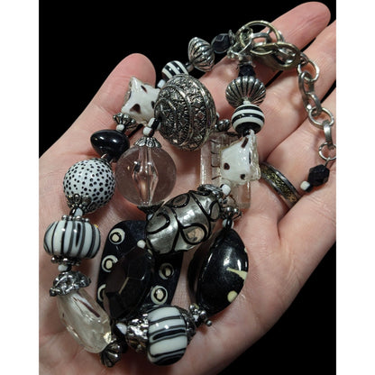 Handmade Chunky Abstract Black And White Glass Beaded Necklace
