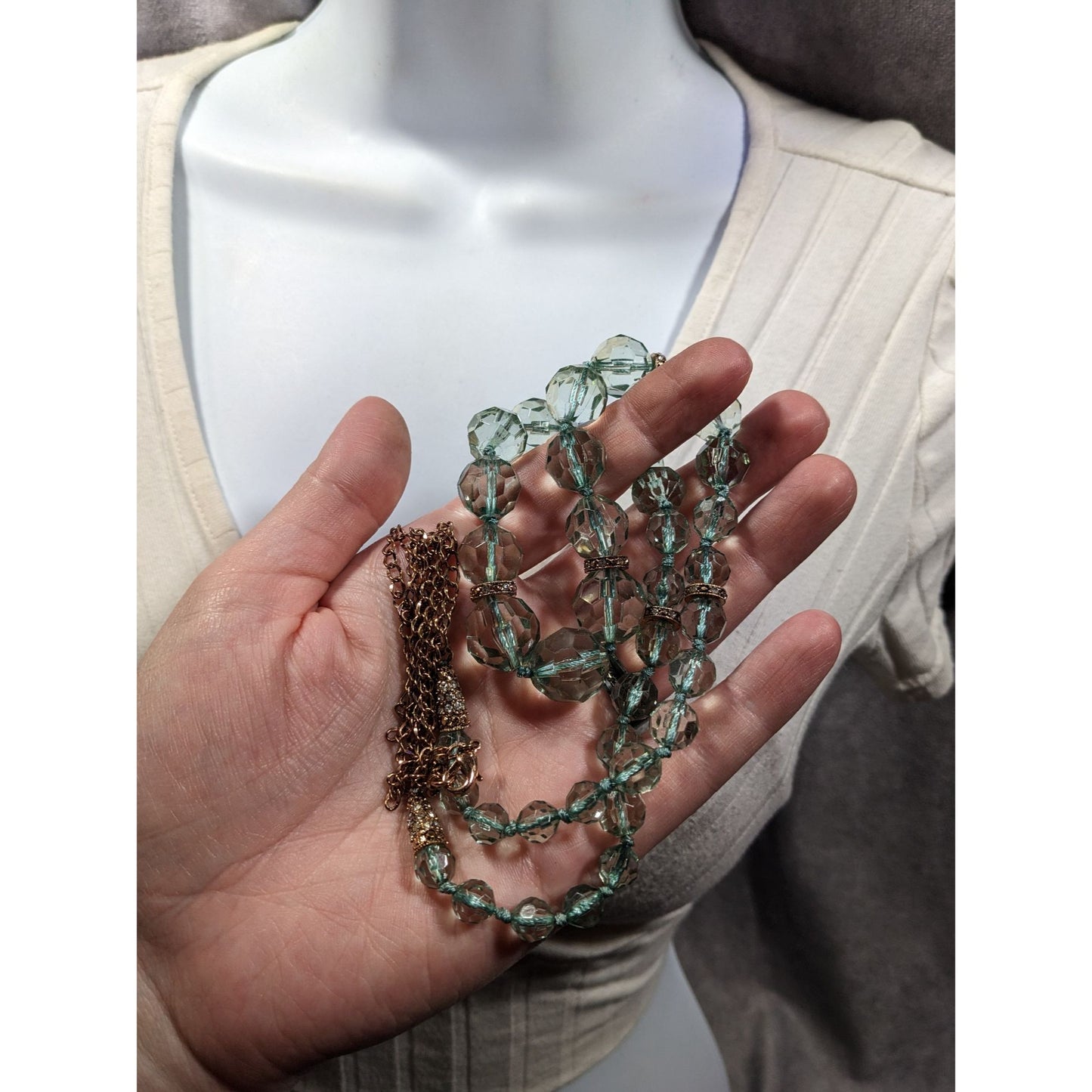Vintage Glam Translucent Mint And Gold Tone Beaded Necklace
