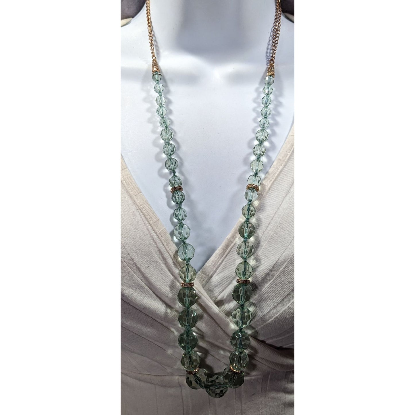 Vintage Glam Translucent Mint And Gold Tone Beaded Necklace