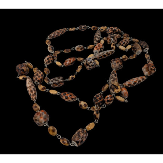 Vintage Floral Engraved Animal Print Long Beaded Necklace