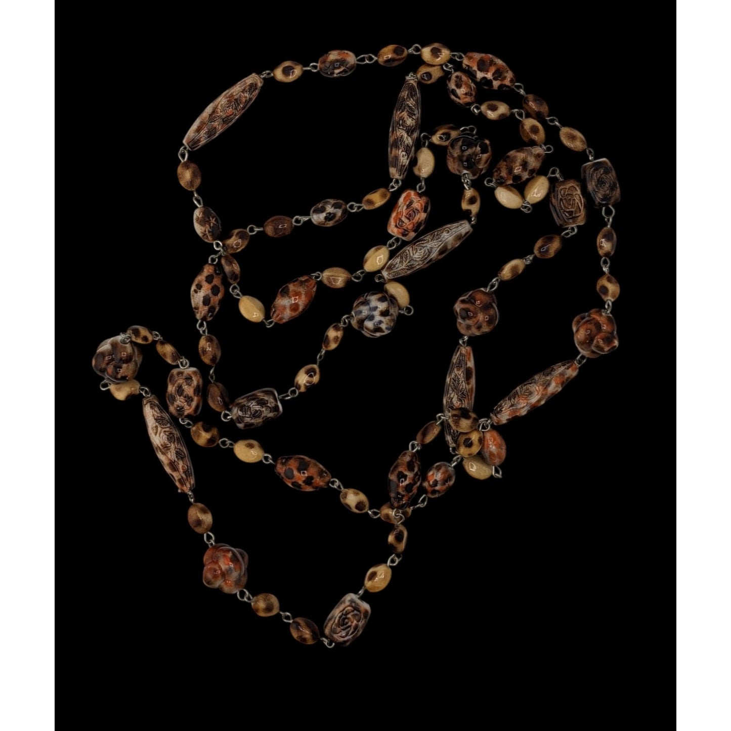 Vintage Floral Engraved Animal Print Long Beaded Necklace