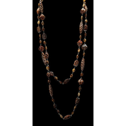 Vintage Floral Engraved Animal Print Long Beaded Necklace