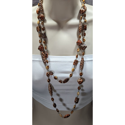 Vintage Floral Engraved Animal Print Long Beaded Necklace