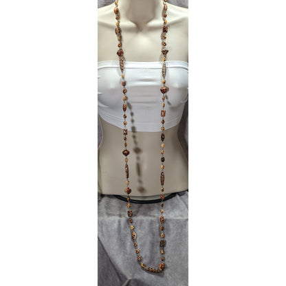 Vintage Floral Engraved Animal Print Long Beaded Necklace