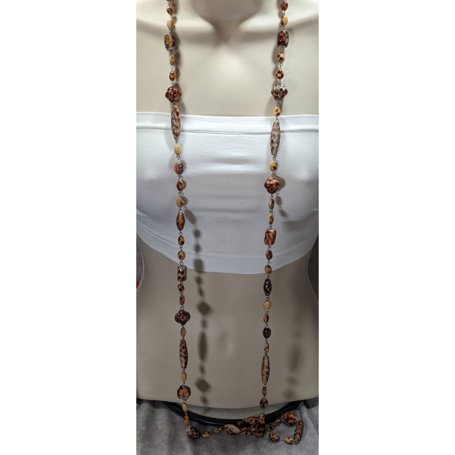 Vintage Floral Engraved Animal Print Long Beaded Necklace