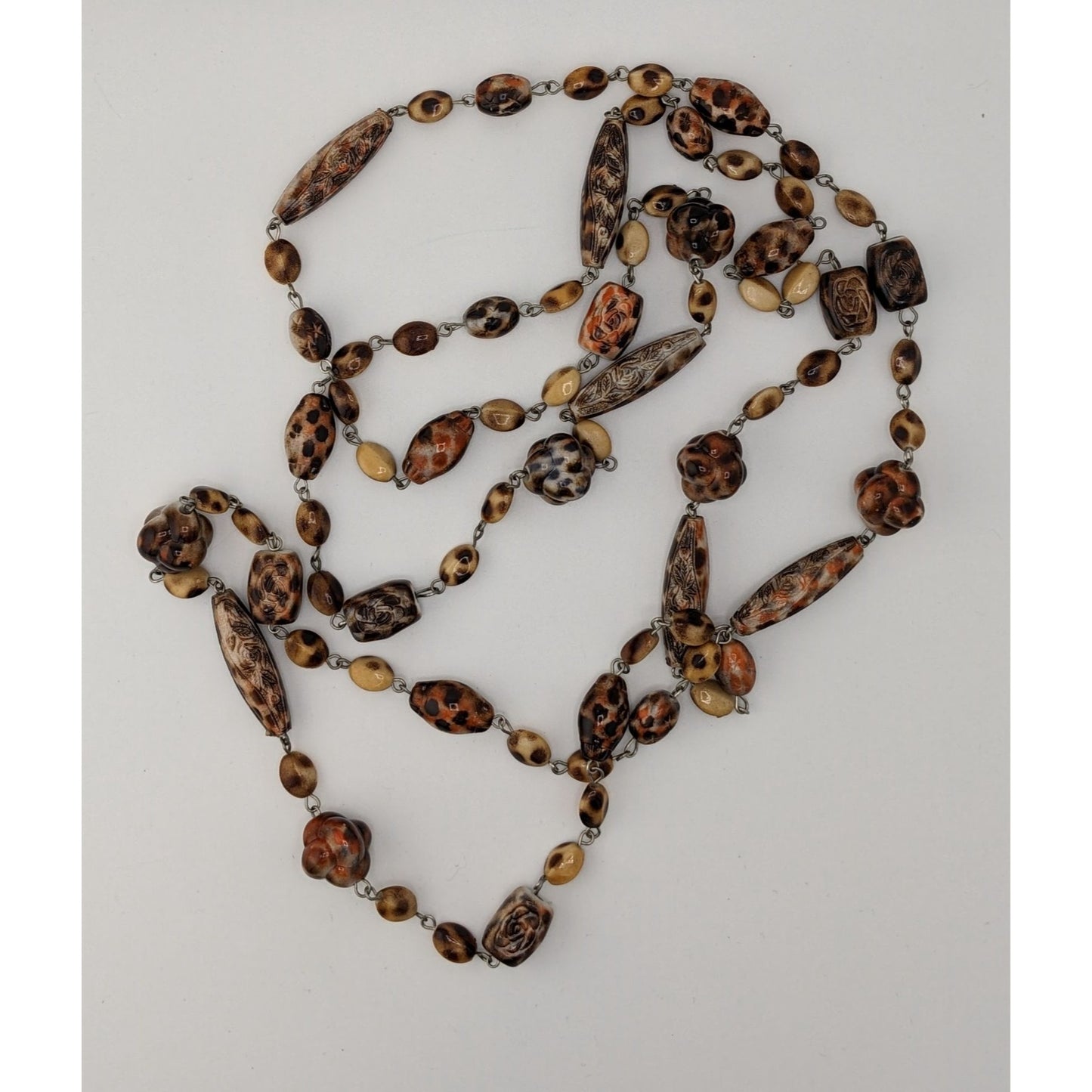 Vintage Floral Engraved Animal Print Long Beaded Necklace