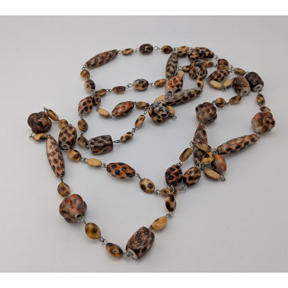 Vintage Floral Engraved Animal Print Long Beaded Necklace
