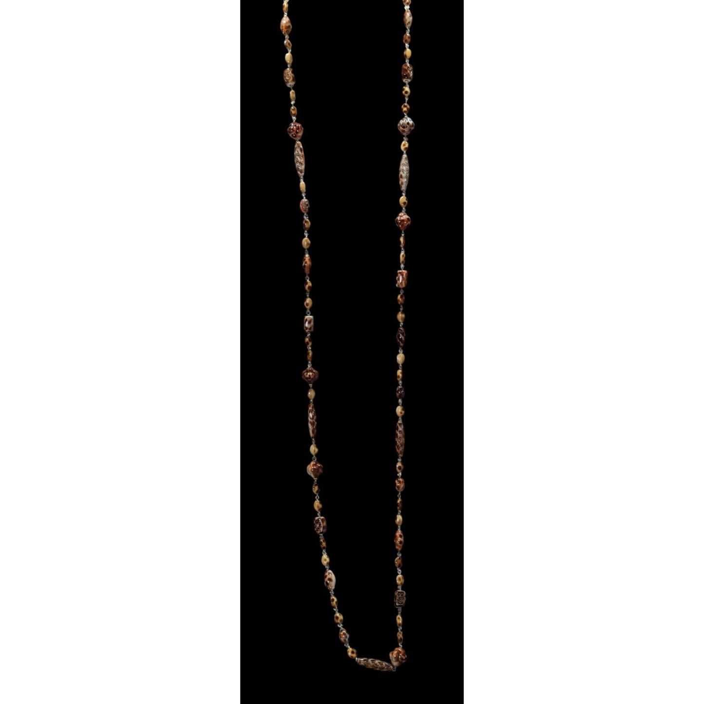 Vintage Floral Engraved Animal Print Long Beaded Necklace