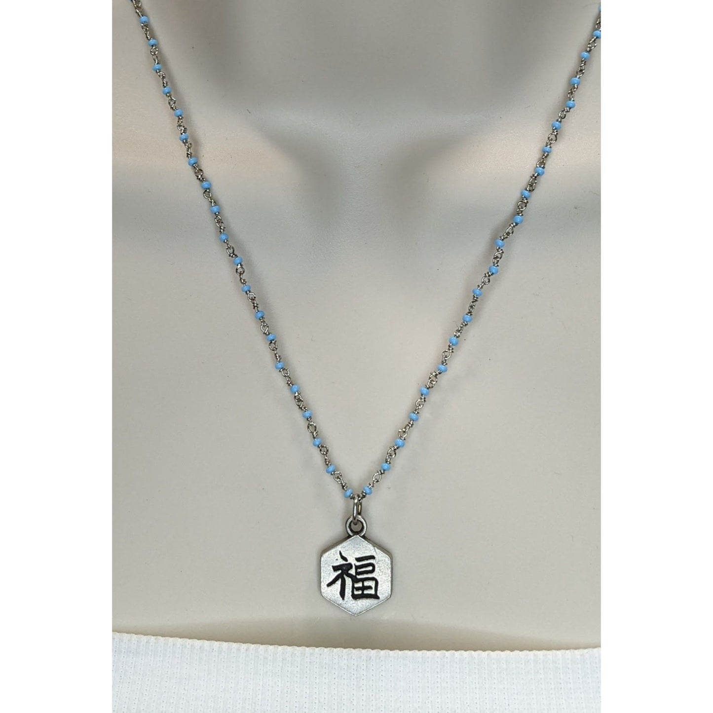 Lucky Charm Reversible Pendant Necklace Blue Silver Beaded Chain