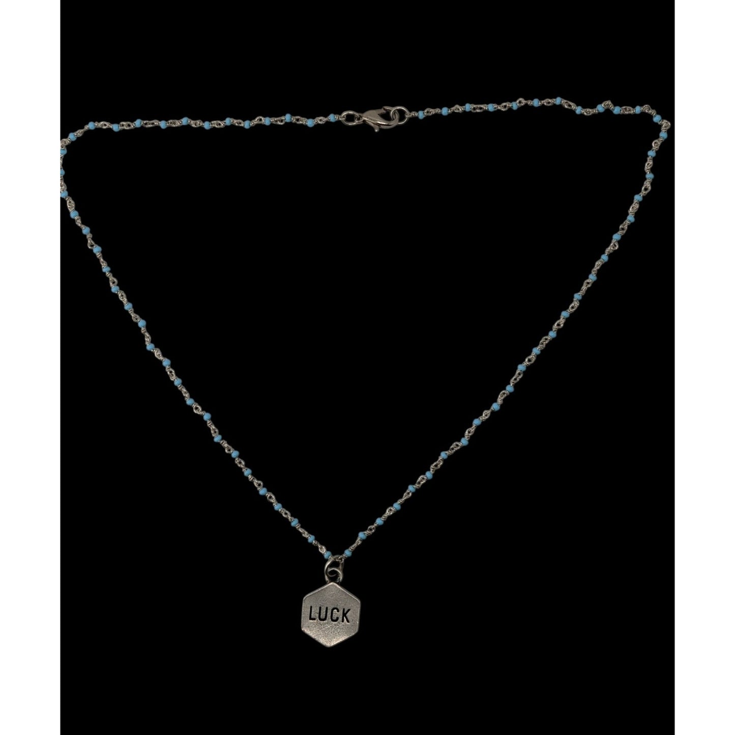 Lucky Charm Reversible Pendant Necklace Blue Silver Beaded Chain